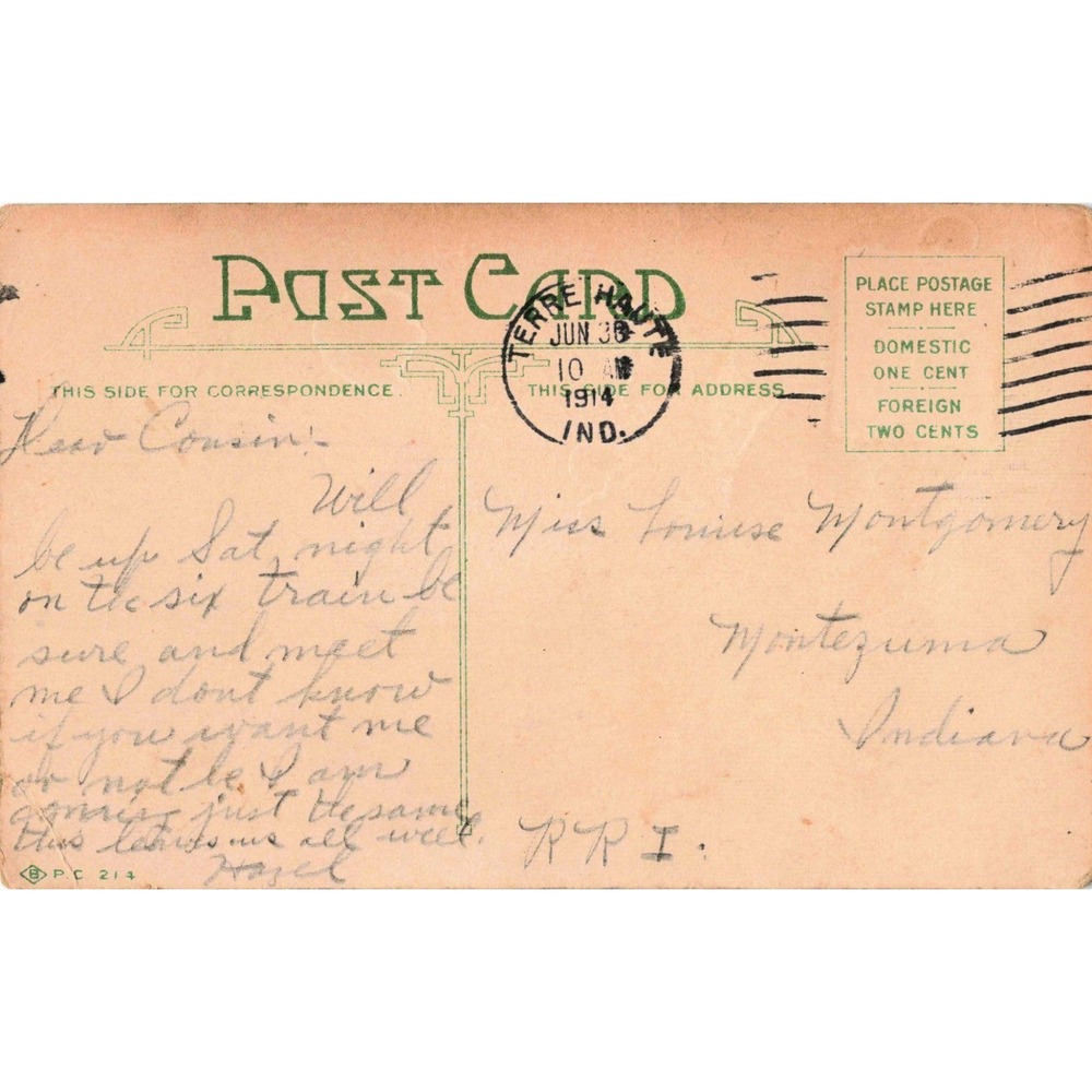 Vintage 1914 Sentimental Ivy Postcard Terre Haute Indiana Postmark VG- - Picture 2 of 2